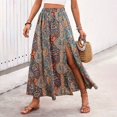 thumbnail image 1 of Womens High Waist Smocked Bohemian Long Skirt Elegant Chic Skirt Ethnic Style Personalized Printed Slit A-Line Skirt Size S, 1 of 7