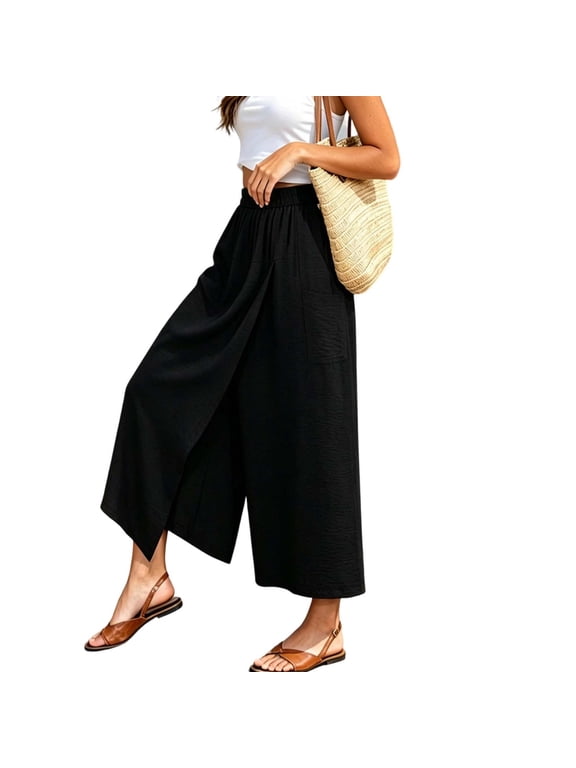 Womens High Waist Split Front Wide Leg Skort Pants Elastic Waistband Pocket Loose Thin Casual Culottes for Summer Black XXXL(XXXL)