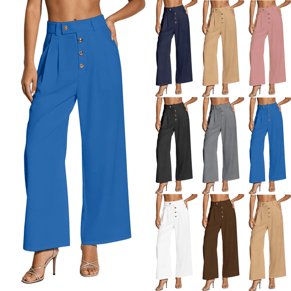Womens High Waist Straight Leg Pants Elastic Waist Button Dress Pants Women Stretchy Business Casual Office Work Trousers,Sizes S-2XL