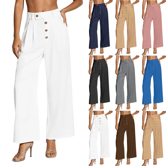 Womens High Waist Straight Leg Pants Elastic Waist Button Dress Pants Women Stretchy Business Casual Office Work Trousers,Sizes S-2XL