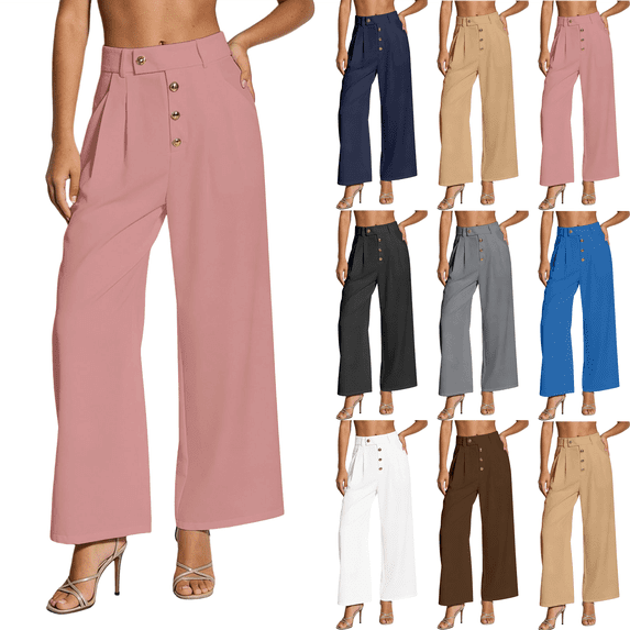 Womens High Waist Straight Leg Pants Elastic Waist Button Dress Pants Women Stretchy Business Casual Office Work Trousers,Sizes S-2XL