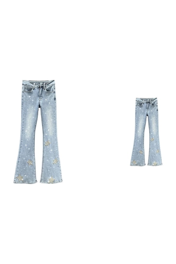 Womens High-Waist Stretch Skinny Jeans with Star & Floral Embroidery, -Lifting Slim Fit Black Denim Pants