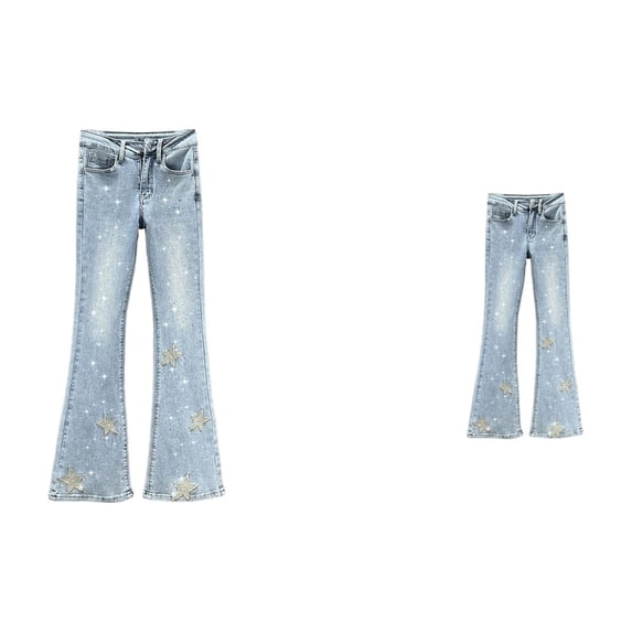 Womens High-Waist Stretch Skinny Jeans with Star & Floral Embroidery, -Lifting Slim Fit Black Denim Pants