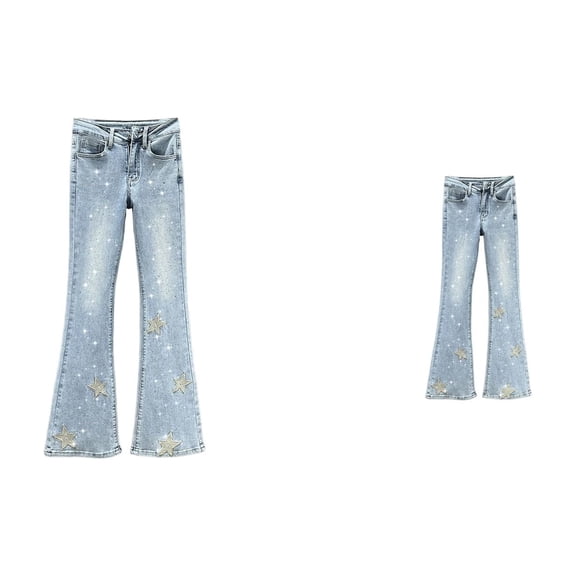 Womens High-Waist Stretch Skinny Jeans with Star & Floral Embroidery, -Lifting Slim Fit Black Denim Pants