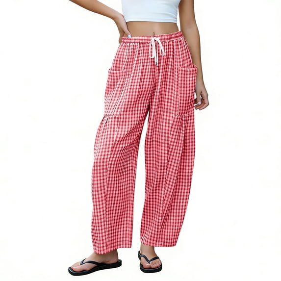 Gingham Pants Women Spring Summer Elastic Waist Drawstring Wide Leg Lounge Trousers with Pockets Red L(L)
