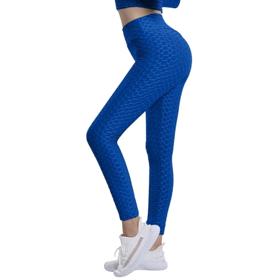 Womens High Waist Textured Workout Leggings Booty Scrunch Yoga Pants Slimming Ruched Tights Blue L