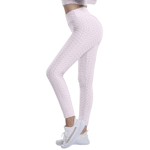 Womens High Waist Textured Workout Leggings Booty Scrunch Yoga Pants Slimming Ruched Tights White M