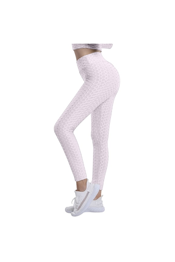 Womens High Waist Textured Workout Leggings Booty Scrunch Yoga Pants Slimming Ruched Tights White M