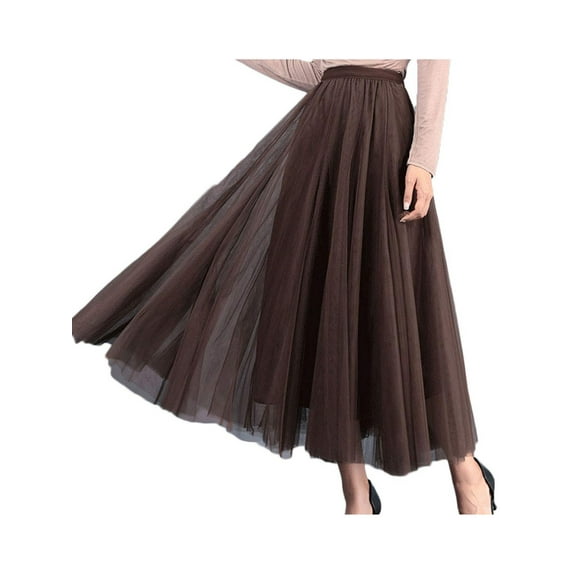 Womens High Waist Tulle Skirt Elastic Mesh Princess Wedding Dance Pleated Maxi Length Skirt