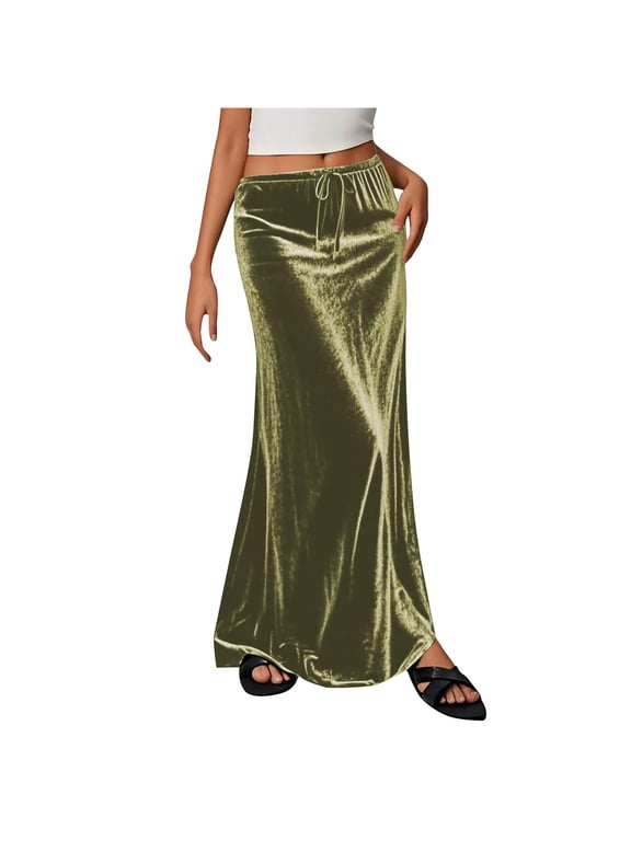 Womens High Waist Velvet Maxi Skirt Drawstring Bodycon Elegant A-Line Skirts Fashion Comfy Business Casual Skirt for Evening Party Cocktail
