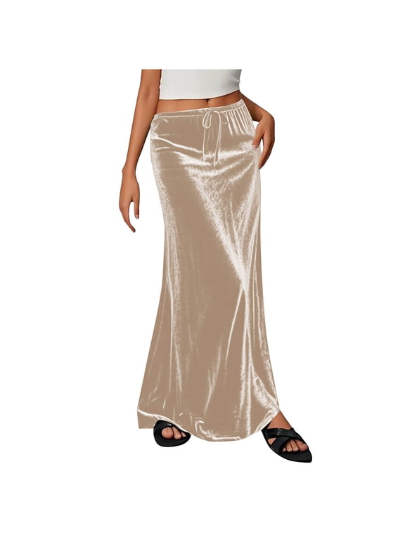 Womens High Waist Velvet Maxi Skirt Drawstring Bodycon Elegant A-Line Skirts Fashion Comfy Business Casual Skirt for Evening Party Cocktail