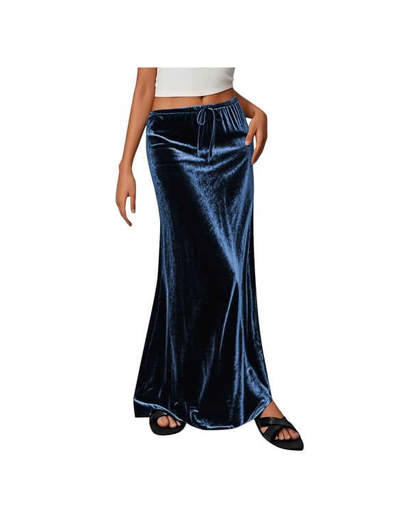 Womens High Waist Velvet Maxi Skirt Drawstring Bodycon Elegant A-Line Skirts Fashion Comfy Business Casual Skirt for Evening Party Cocktail