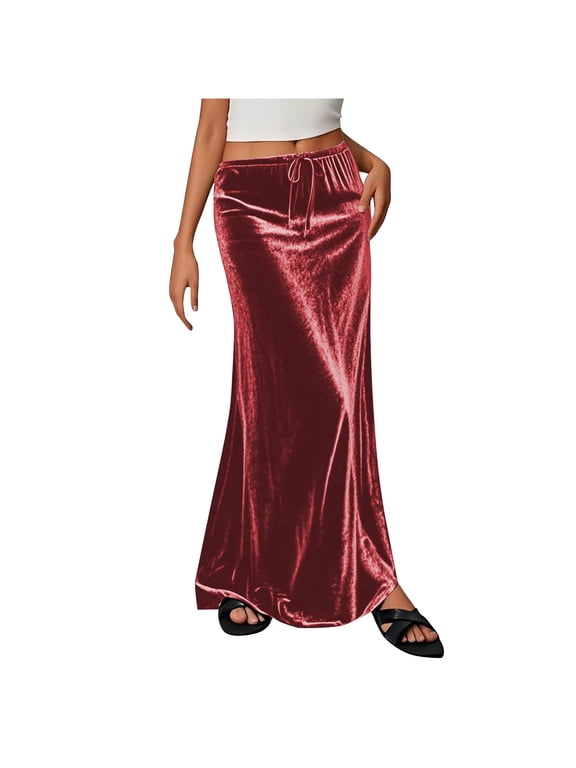 Womens High Waist Velvet Maxi Skirt Drawstring Bodycon Elegant A-Line Skirts Fashion Comfy Business Casual Skirt for Evening Party Cocktail