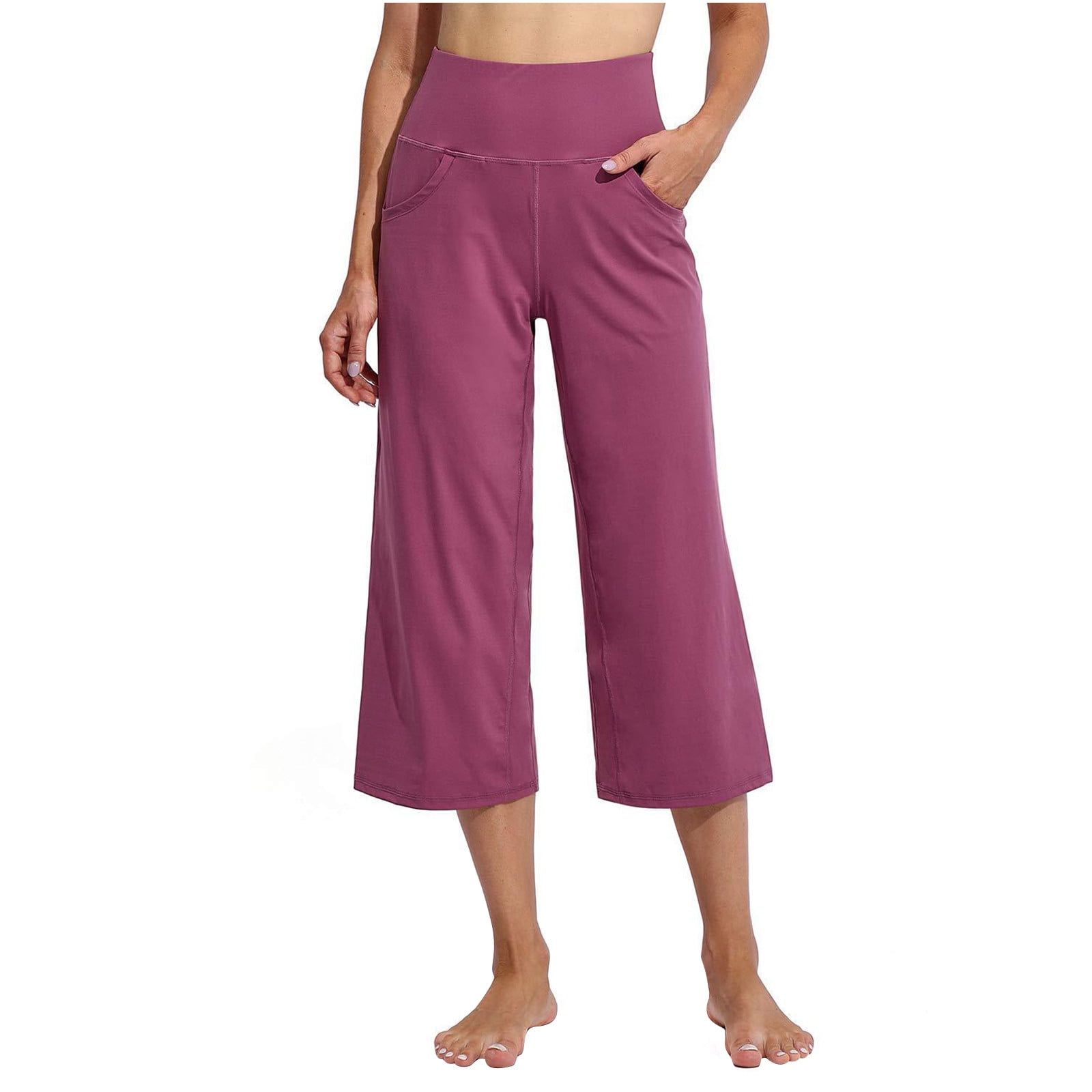 KINPLE Womens Wide Leg Capri Pants Stretch Dress Pants Cross High Waist  Flare Pants with Pockets for Yoga Casual Work