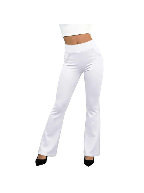 Womens High Waist Wide Leg Dress Pants Stretchy Business Casual Yoga Slacks Pull On Trousers White M