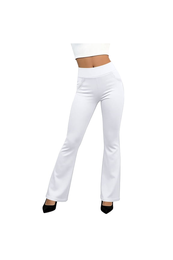 Womens High Waist Wide Leg Dress Pants Stretchy Business Casual Yoga Slacks Pull On Trousers White S