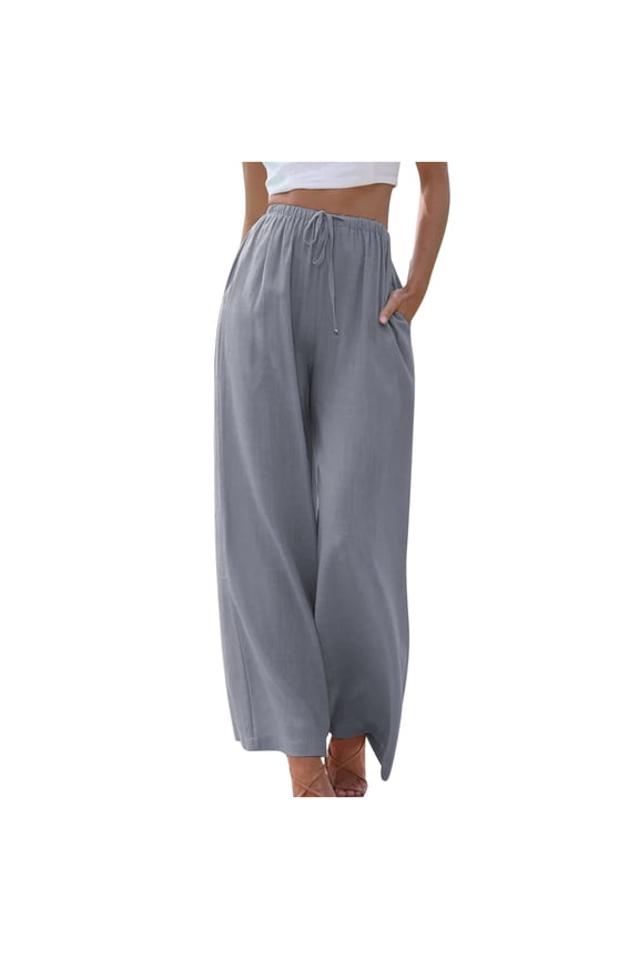 Womens High Waist Wide Leg Palazzo Pants Baggy Lightweight Cotton Linen Long Pants Casual Comfy Beach Lounge Trousers