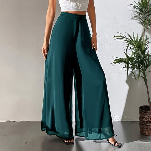 Womens High Waist Wide Leg Pants Chiffon Palazzo Loose Fit Flowy Lightweight Long Trousers Fashion Outfits Clothes Green M