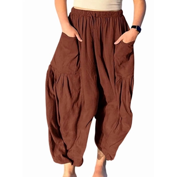Womens High Waist Wide Leg Pants Loose Fit Casual Linen Blend Trousers Comfort Brown XXXL