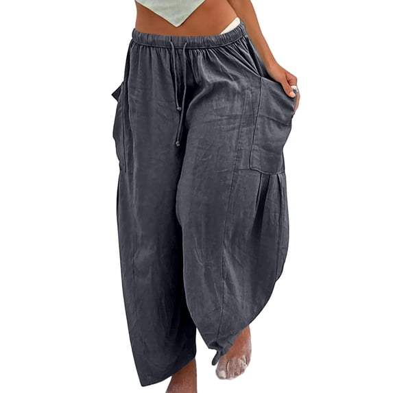 Womens High Waist Wide Leg Pants Loose Fit Casual Linen Blend Trousers Comfort Gray XL