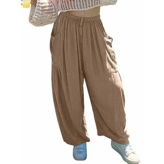 Womens High Waist Wide Leg Pants Loose Fit Casual Linen Blend Trousers Comfort Khaki XXXL