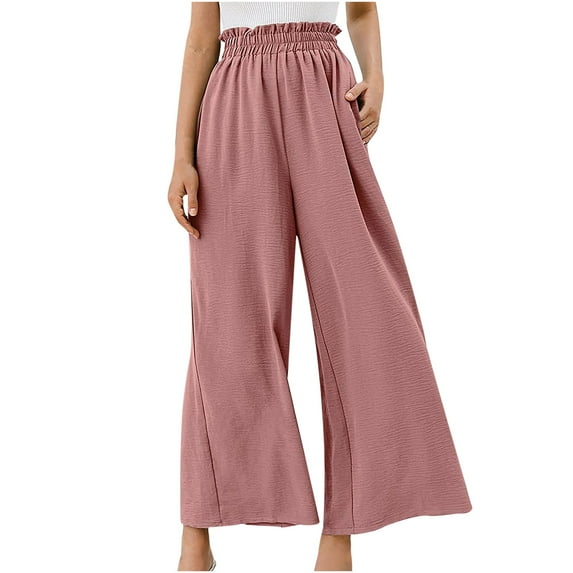 Womens High Waist Wide Leg Pants Solid Color Casual Palazzo Pants Comfy Elastic Waist Pants Trousers Womens Clothes
