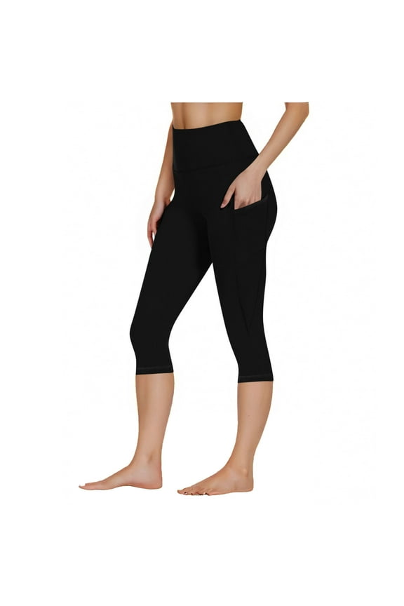 Womens High Waist Yoga Pants Capri Leggings with Pockets Tummy Control Workout Running Athletic Black,Size XL