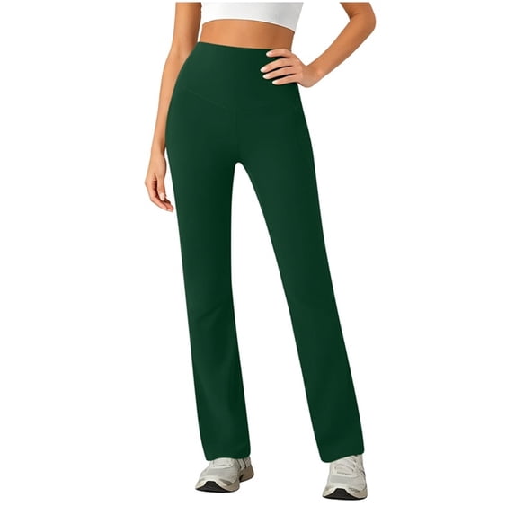 Womens High Waist Yoga Pants Stretchy Casual Trousers Straight Leg Pull On Side Pockets Solid Color Elastic Waisted Leggings