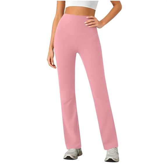 Womens High Waist Yoga Pants Stretchy Casual Trousers Straight Leg Pull On Side Pockets Solid Color Elastic Waisted Leggings