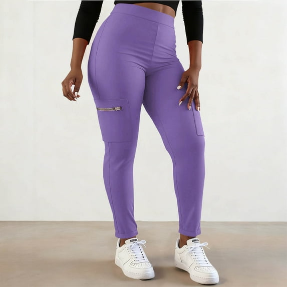 Womens High Waist Yoga Pants with Zipper Pocket Slim Fitted Stretchy Workout Leggings Casual Athletic Sportswear Purple XL