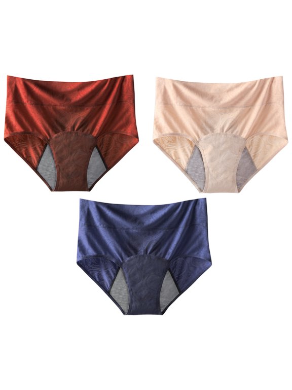 Womens High Waisted 3 Pack Period Panties Breathable Underwear 3 Layer Absorbent Briefs Mesh Stretch