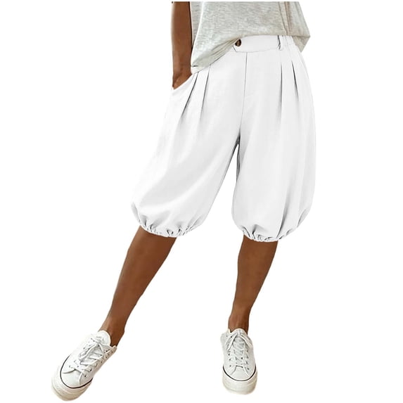 Womens High Waisted Balloon Shorts Button Pleated Design Bermuda Shorts Trendy Casual Vacation White M