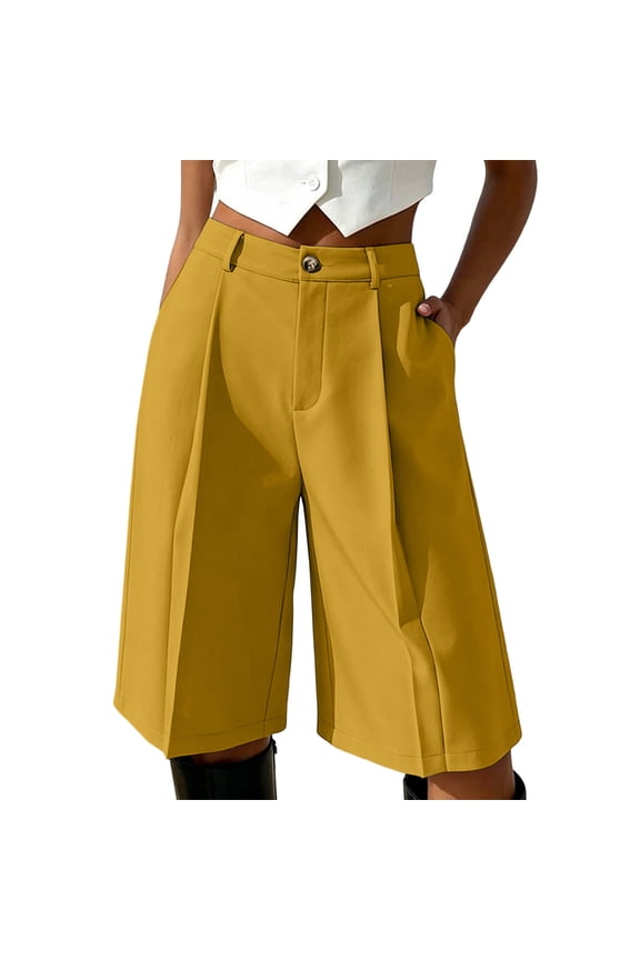 Womens High Waisted Bermuda Shorts, Solid Color Wide Leg Stretch Smart Elegant Casual Basic Knee Length Pants Ladies Formal Office Work Business Pleated-Tailored Suit Shorts