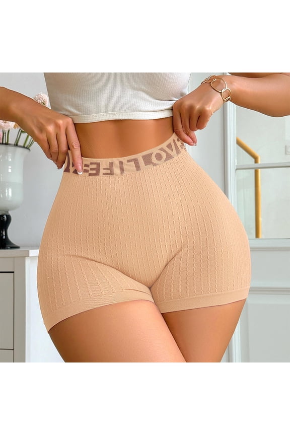 Womens High Waisted Biker Shorts - Ribbed Seamless Tummy Control - Nylon Spandex - Beige,Size M
