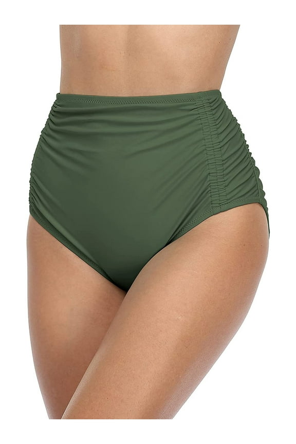 Womens High Waisted Bikini Bottom Ruched Side Swimsuits Bottoms Solid Tankini Briefs