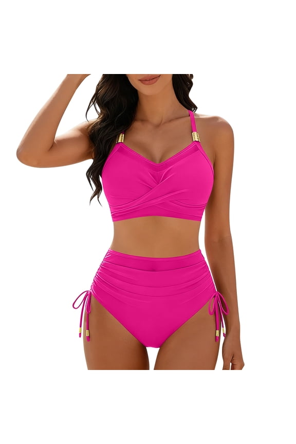 Womens High Waisted Bikini Sets Drawstring Tummy Control Swimsuits Lace up Bikini Tops Ruched Push up 2 Piece Bathing Suits
