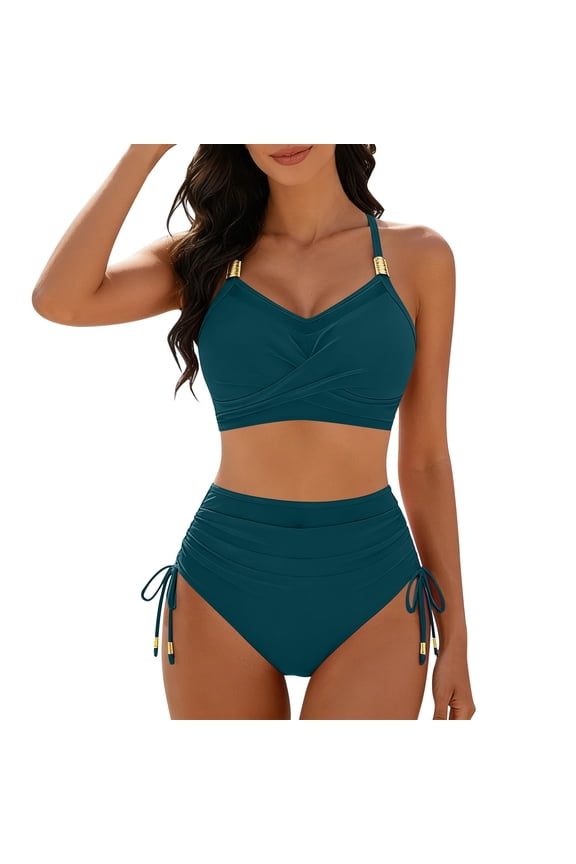 Womens High Waisted Bikini Sets Drawstring Tummy Control Swimsuits Lace up Bikini Tops Ruched Push up 2 Piece Bathing Suits