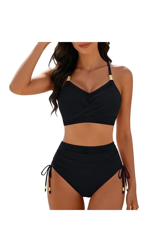 Womens High Waisted Bikini Sets Drawstring Tummy Control Swimsuits Lace up Bikini Tops Ruched Push up 2 Piece Bathing Suits