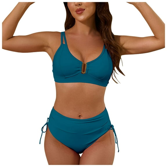 Womens High Waisted Bikini Sets O Ring Drawstring Tummy Control Swimsuits Two Piece Swim Bathing Suit