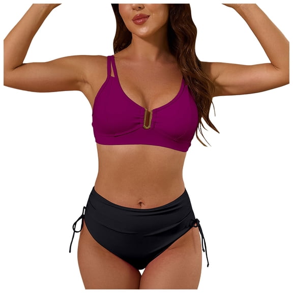 Womens High Waisted Bikini Sets O Ring Drawstring Tummy Control Swimsuits Two Piece Swim Bathing Suit