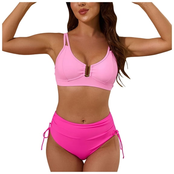 Womens High Waisted Bikini Sets O Ring Drawstring Tummy Control Swimsuits Two Piece Swim Bathing Suit