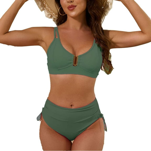 Womens High Waisted Bikini Sets O Ring Drawstring Tummy Control Swimsuits Two Piece Swim Bathing Suit