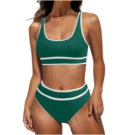 Husipze Womens High Waisted Bikini Sets Sporty Two Piece Swimsuits for Women Color Block High Cut Bathing Suits Green L