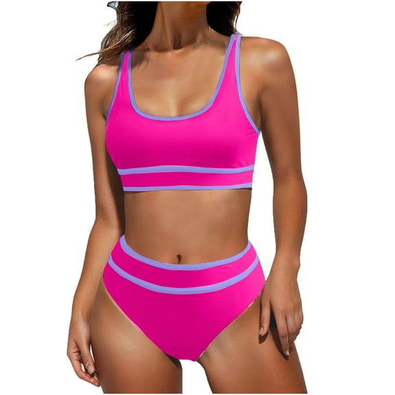 Husipze Womens High Waisted Bikini Sets Sporty Two Piece Swimsuits for Women Color Block High Cut Bathing Suits Hot Pink XL