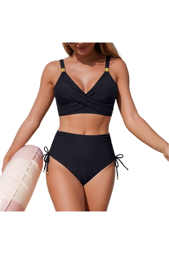 Womens High Waisted Bikini Sets Tummy Control Bralette Ruched Drawstring Tie Knot Adjustable Straps for Beach Black L