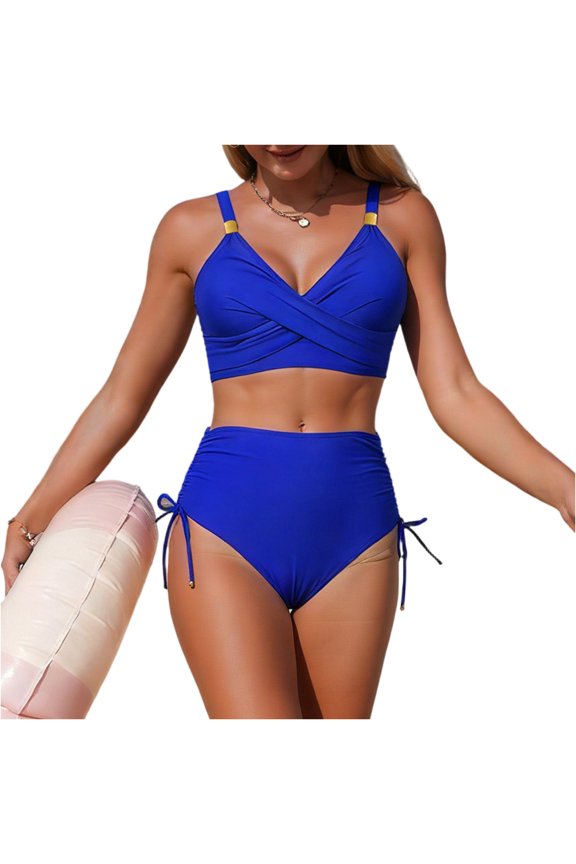 Womens High Waisted Bikini Sets Tummy Control Bralette Ruched Drawstring Tie Knot Adjustable Straps for Beach Royal Blue S