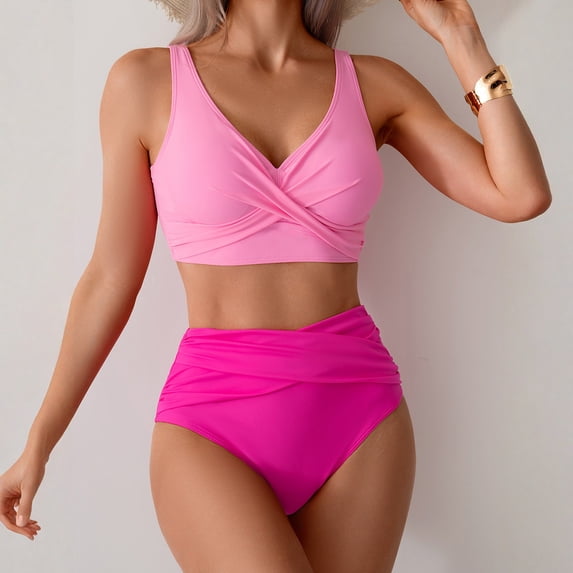 Womens High Waisted Bikini Sets V Neck Cross Twist Front Two Piece Swimsuit Tummy Control Bathing Suit