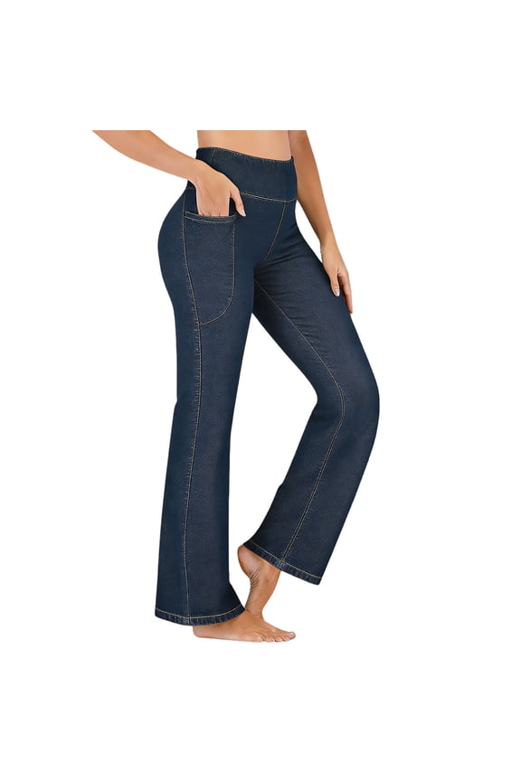 Womens High Waisted Bootcut Yoga Pants, Flare Leg Stretch Denim Look Lounge Work Pants with Pockets, Dark Blue (S-XXXL),Size L
