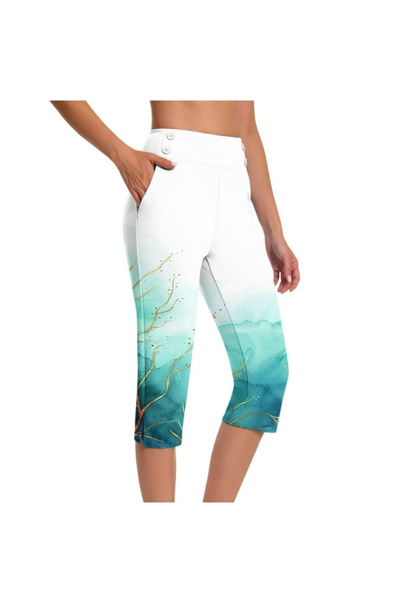 Womens High Waisted Capri Leggings with Pockets Yoga Workout Pants - Polyester Spandex, Tummy Control, Multicolor Ombre Print, Sizes S-5XL,Size L