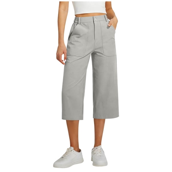 Womens High Waisted Capri Pants Light Wide Leg Business Casual Pants Trendy Work Crop Pant with Zipper Pockets
